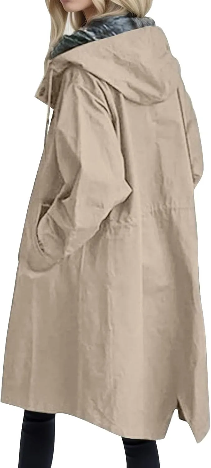 Trench Coat Women Long Waterproof Hooded Raincoat Lightweight Rain Jacket Lined Fall Winter Outdoor Windbreaker