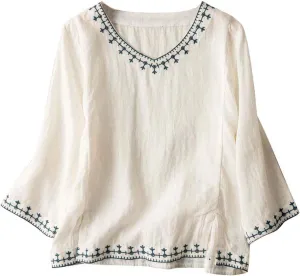 Tunic Tops for Women Loose Fit,Womens Floral Embroidery Linen Shirts 3/4 Sleeve V Neck Tees Cute Summer Flowy Blouse