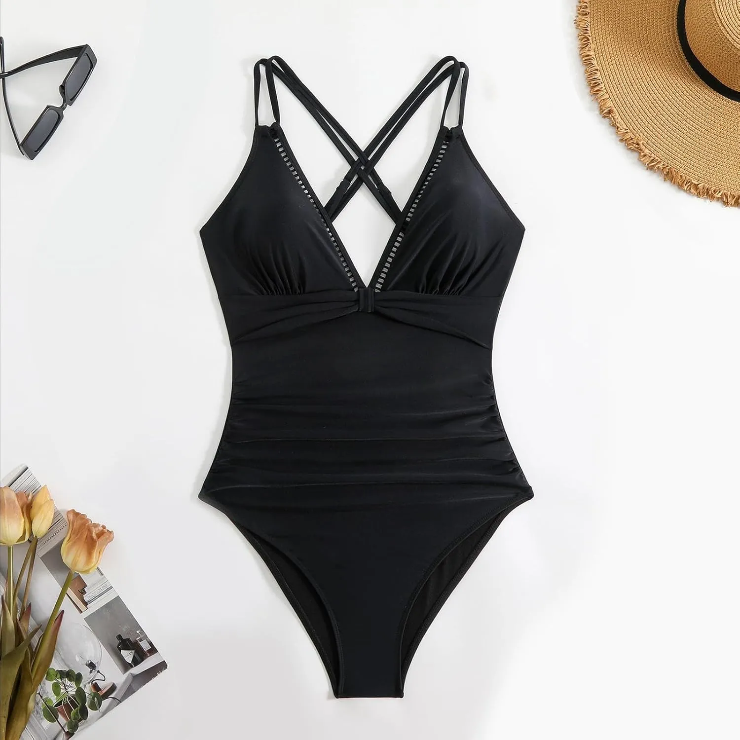 TUQIDEWU One Piece Swimsuit Women Tummy Control Swimsuits for Women 2025 V Neck Backless Slimming High Cut Bathing Suit