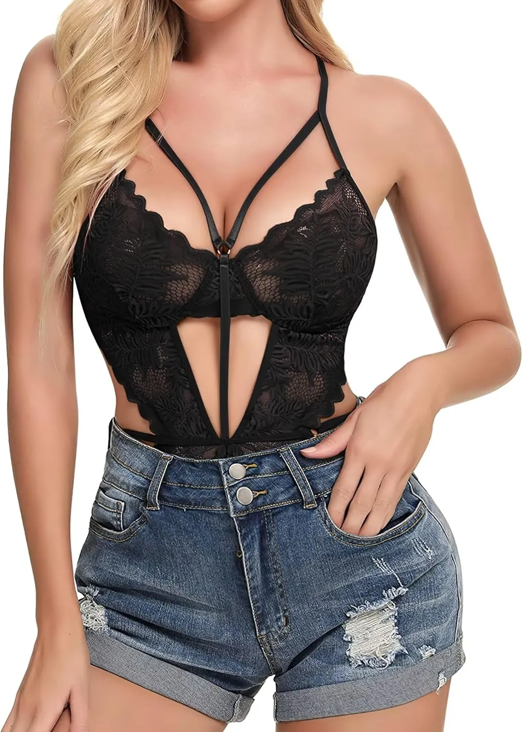UHKZ Womens Lingerie Lace One Piece Bodysuit Backless Lanyard Y2K Snap Slim Fit Suit