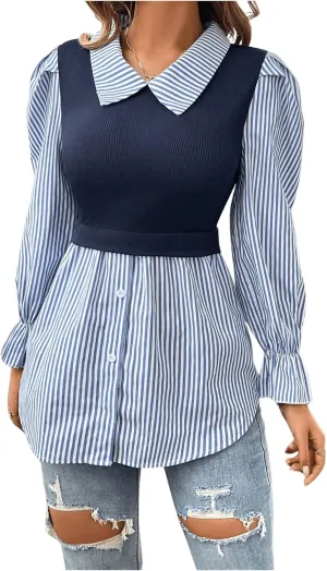 Verdusa Women's Fall Blouses Long Sleeve Tops Ruffle Hem Work Blouses Puff Sleeve Tops