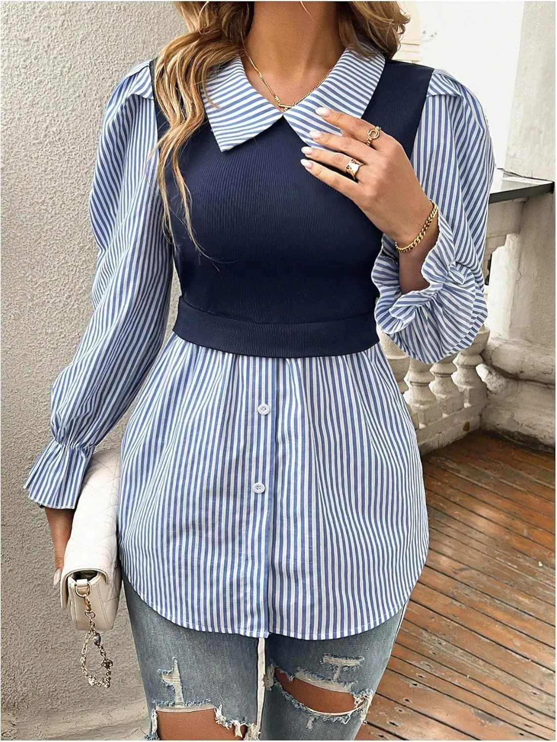 Verdusa Women's Fall Blouses Long Sleeve Tops Ruffle Hem Work Blouses Puff Sleeve Tops