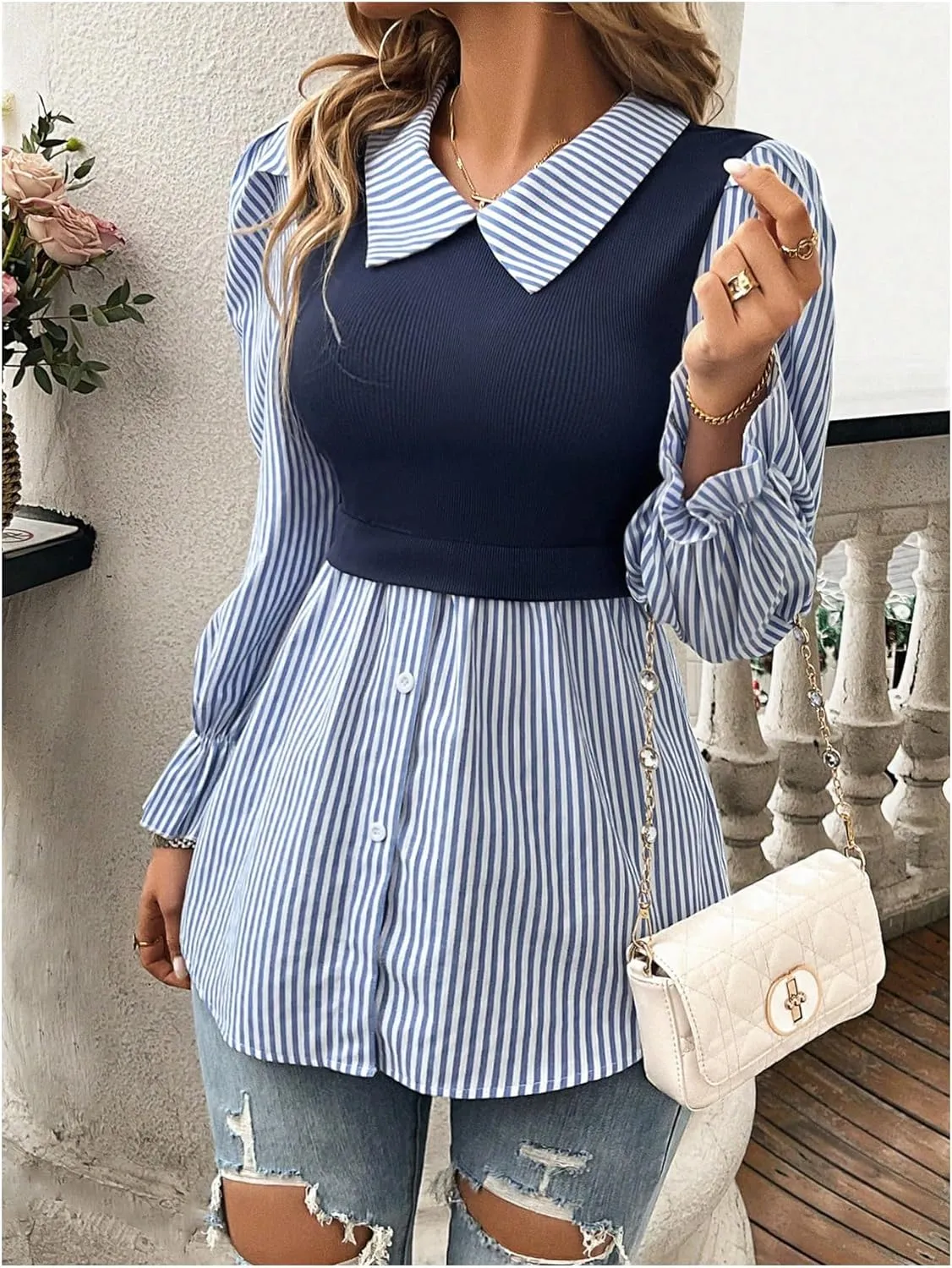 Verdusa Women's Fall Blouses Long Sleeve Tops Ruffle Hem Work Blouses Puff Sleeve Tops