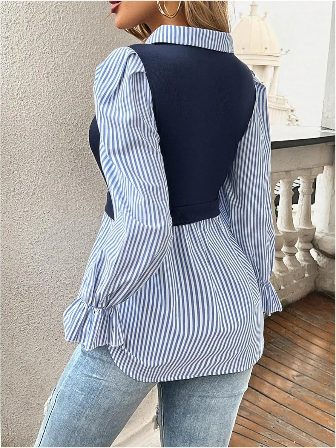 Verdusa Women's Fall Blouses Long Sleeve Tops Ruffle Hem Work Blouses Puff Sleeve Tops