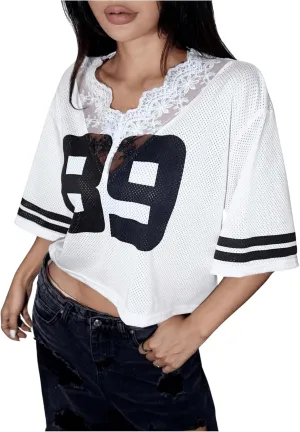 Verdusa Women's Jersey Shirt Crop T Shirt Tops Contrast Lace Letter Graphic Half Sleeve Tee Tops