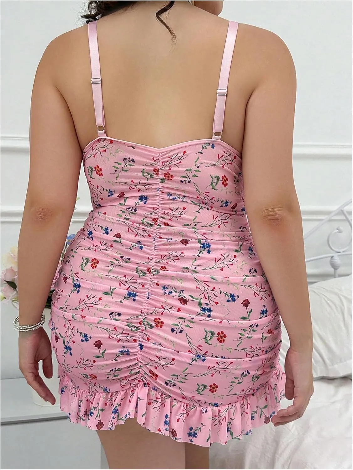 Verdusa Women's Plus Size 2 Piece Lingerie Set Floral Lace Ruched Ruffle Lingerie Dress with Thong