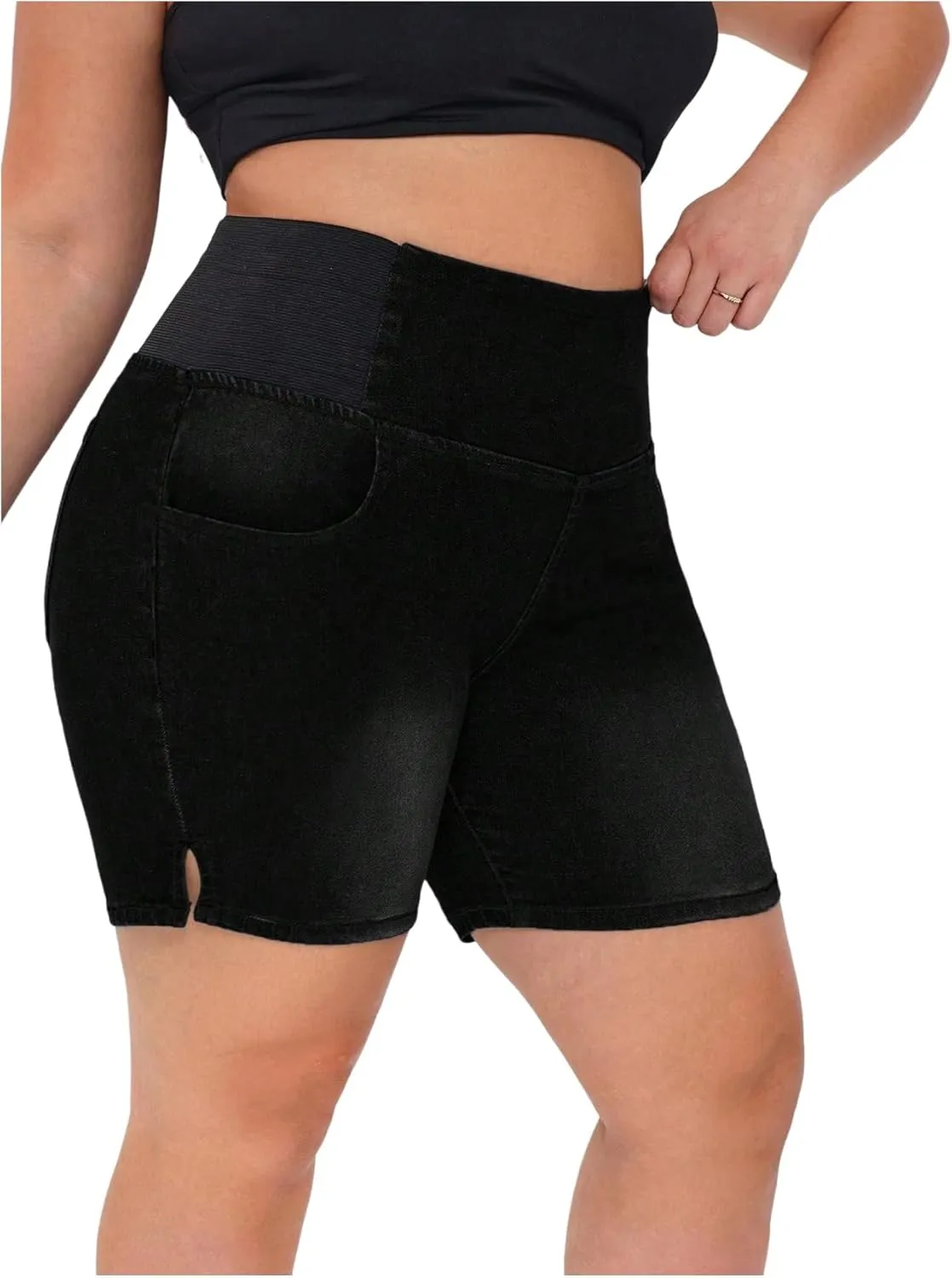 Verdusa Women's Plus Size Casual Jean Shorts High Waisted Stretchy Denim Bottoms with Pockets