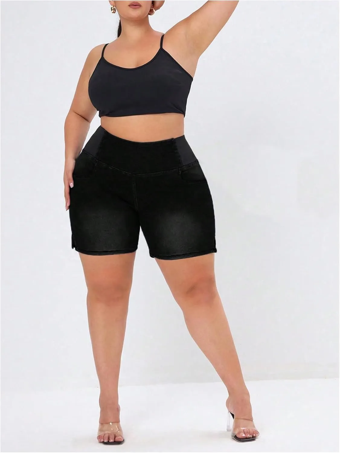 Verdusa Women's Plus Size Casual Jean Shorts High Waisted Stretchy Denim Bottoms with Pockets