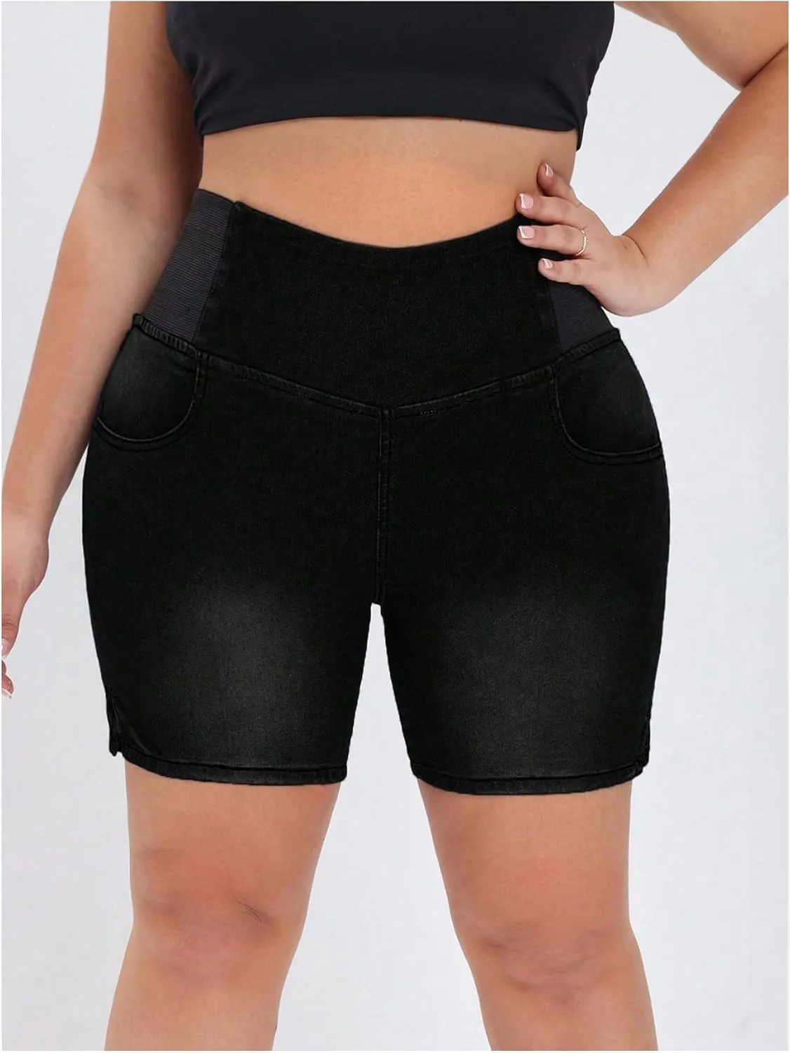 Verdusa Women's Plus Size Casual Jean Shorts High Waisted Stretchy Denim Bottoms with Pockets