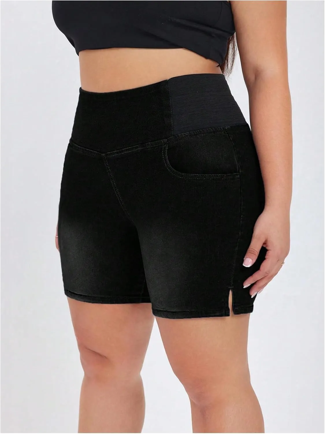 Verdusa Women's Plus Size Casual Jean Shorts High Waisted Stretchy Denim Bottoms with Pockets