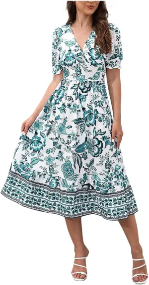 Vintage Floral Print Beach Dress for Women Summer Casual V Neck Puff Sleeve Flowy Hem Going Out A-Line Dresses
