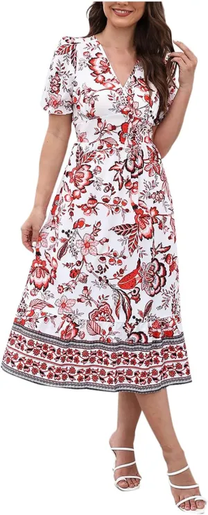Vintage Floral Print Beach Dress for Women Summer Casual V Neck Puff Sleeve Flowy Hem Going Out A-Line Dresses