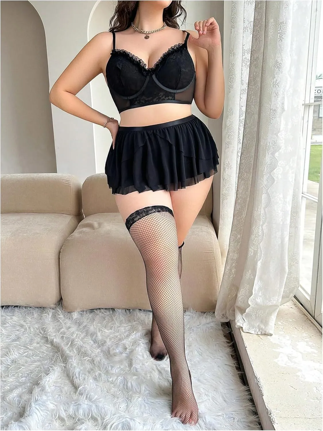 WDIRARA Women's Plus Size 5 Piece Floral Mesh Sheer Lace Trim Lingerie Set with High Waist Skirts and Stockings