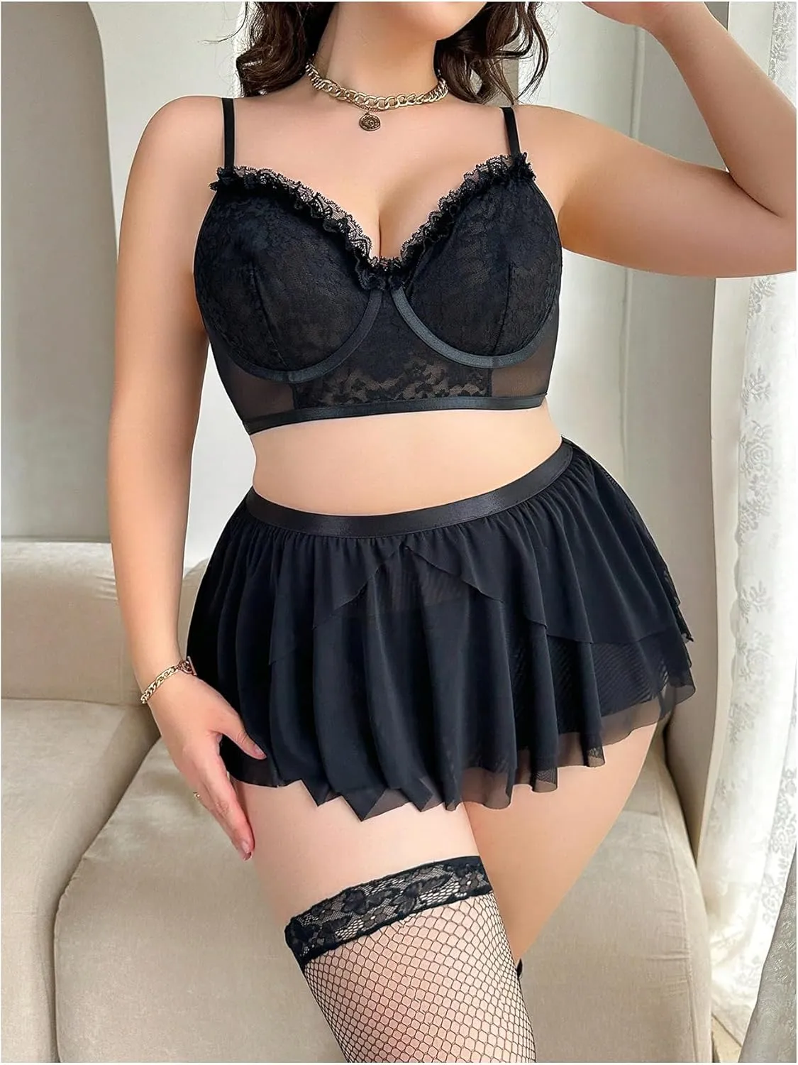 WDIRARA Women's Plus Size 5 Piece Floral Mesh Sheer Lace Trim Lingerie Set with High Waist Skirts and Stockings