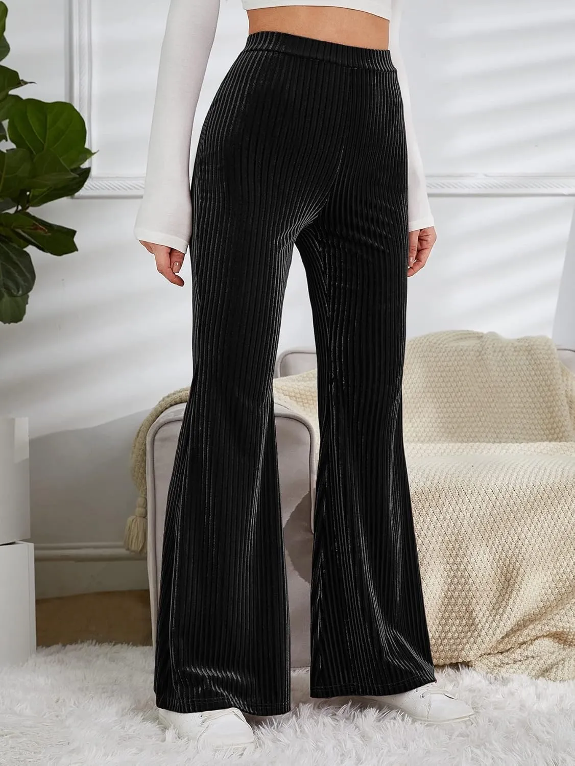 WDIRARA Women's Velvet Pants Bell Bottom Flare Pants High Waisted Warm Long Pants