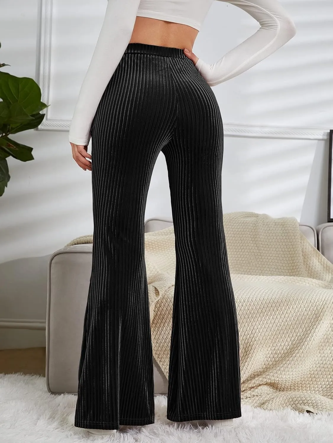 WDIRARA Women's Velvet Pants Bell Bottom Flare Pants High Waisted Warm Long Pants