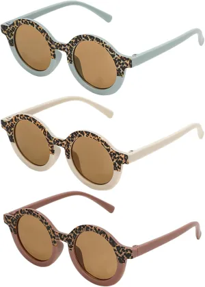 Whaline Sunglasses for Kids Round Leopard Print with 3Pcs Storage Bags Cute Eyewear UV 400 Protection for Summer Beach Party Photography Booth Prop Accessories (3 Pairs)
