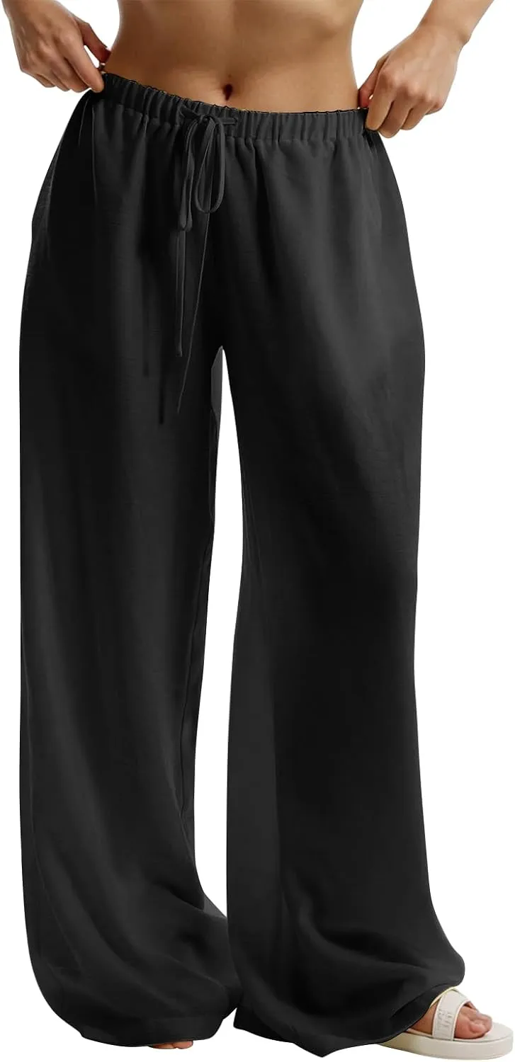 Wide Leg Linen Pants for Women Flowy Summer Pants Elastic Waist Drawstring Palazzo Pants with Pockets Beach Pants