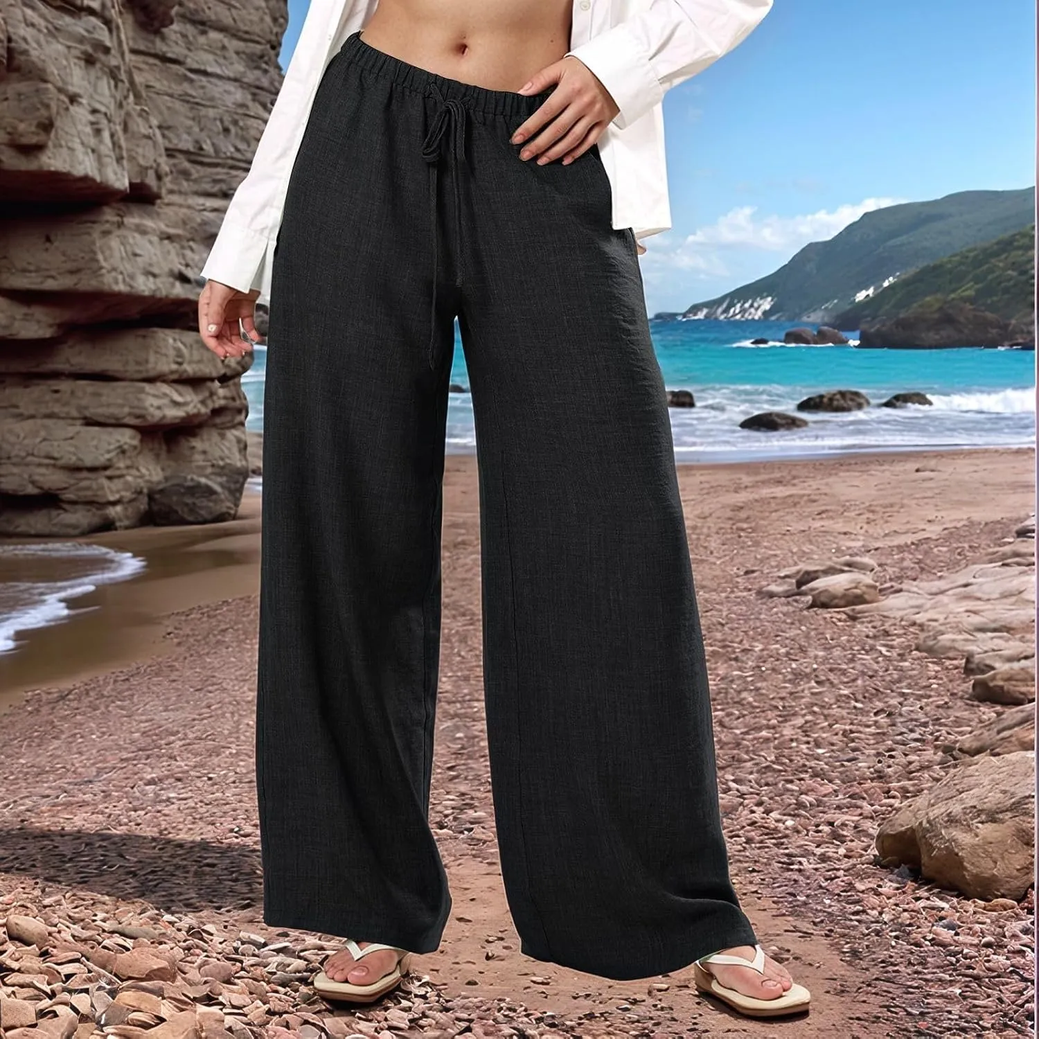 Wide Leg Linen Pants for Women Flowy Summer Pants Elastic Waist Drawstring Palazzo Pants with Pockets Beach Pants