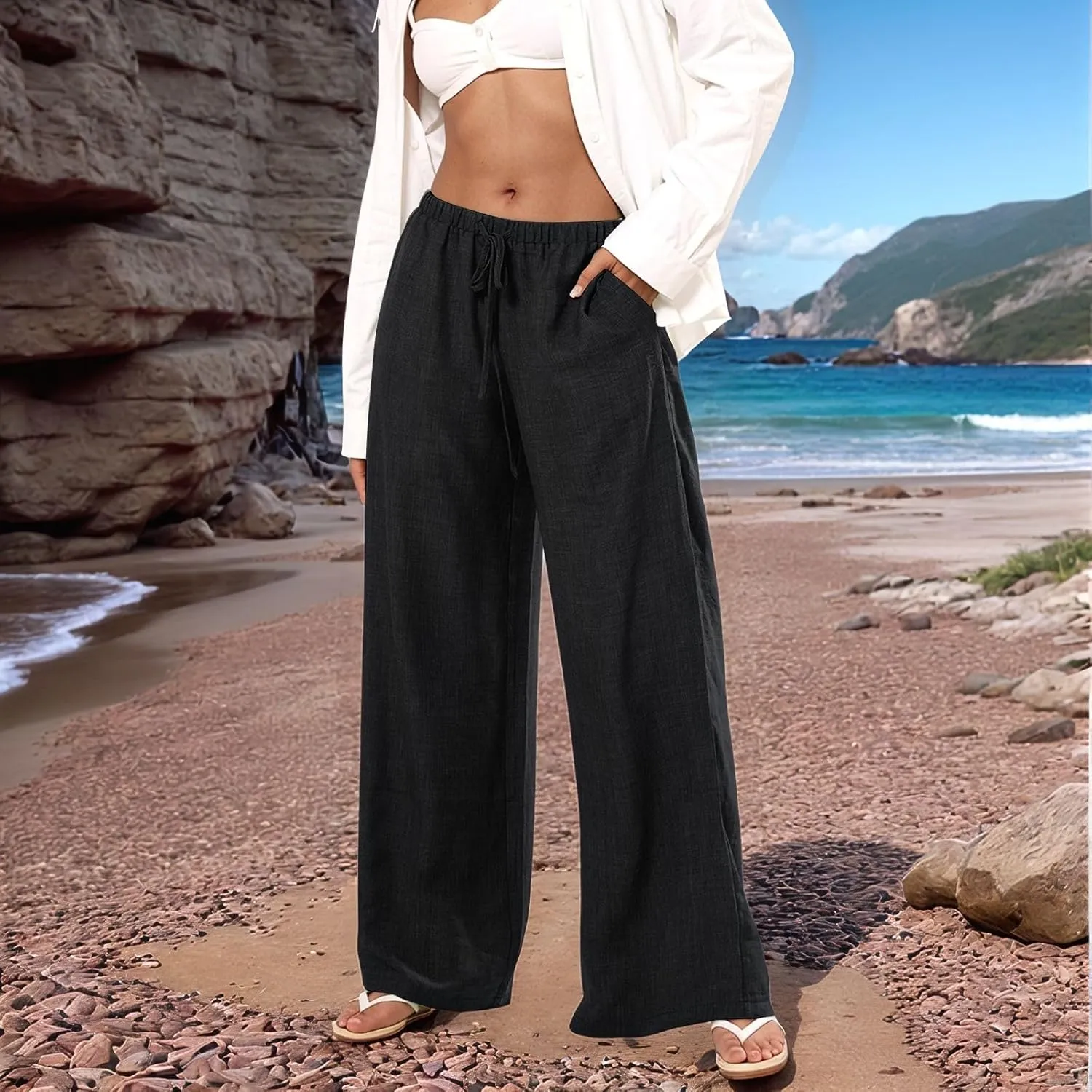 Wide Leg Linen Pants for Women Flowy Summer Pants Elastic Waist Drawstring Palazzo Pants with Pockets Beach Pants