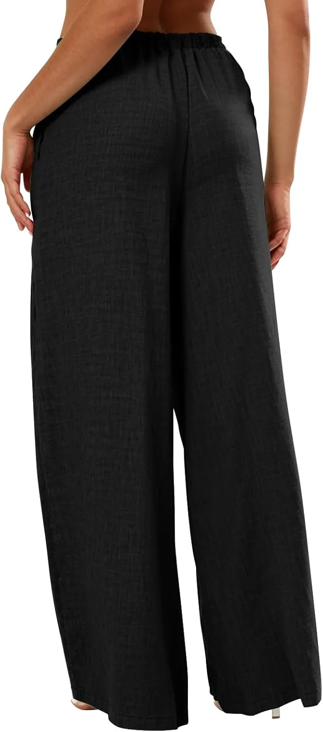 Wide Leg Linen Pants for Women Flowy Summer Pants Elastic Waist Drawstring Palazzo Pants with Pockets Beach Pants