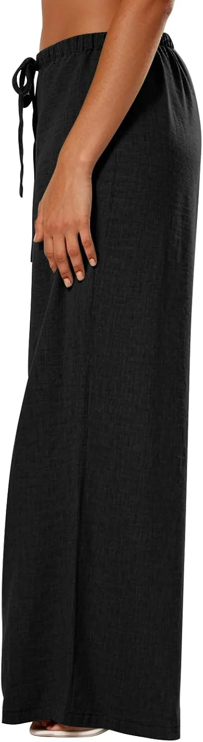 Wide Leg Linen Pants for Women Flowy Summer Pants Elastic Waist Drawstring Palazzo Pants with Pockets Beach Pants