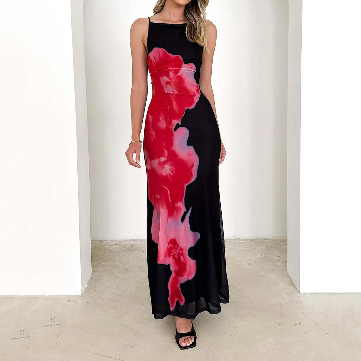 Women Boho Floral Backless Maxi Dress Y2K Spaghetti Strap Sleeveless Bodycon Long Dress Sexy Going Out Sundress
