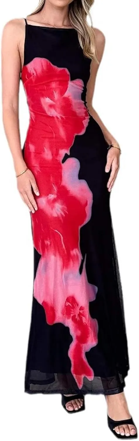 Women Boho Floral Backless Maxi Dress Y2K Spaghetti Strap Sleeveless Bodycon Long Dress Sexy Going Out Sundress