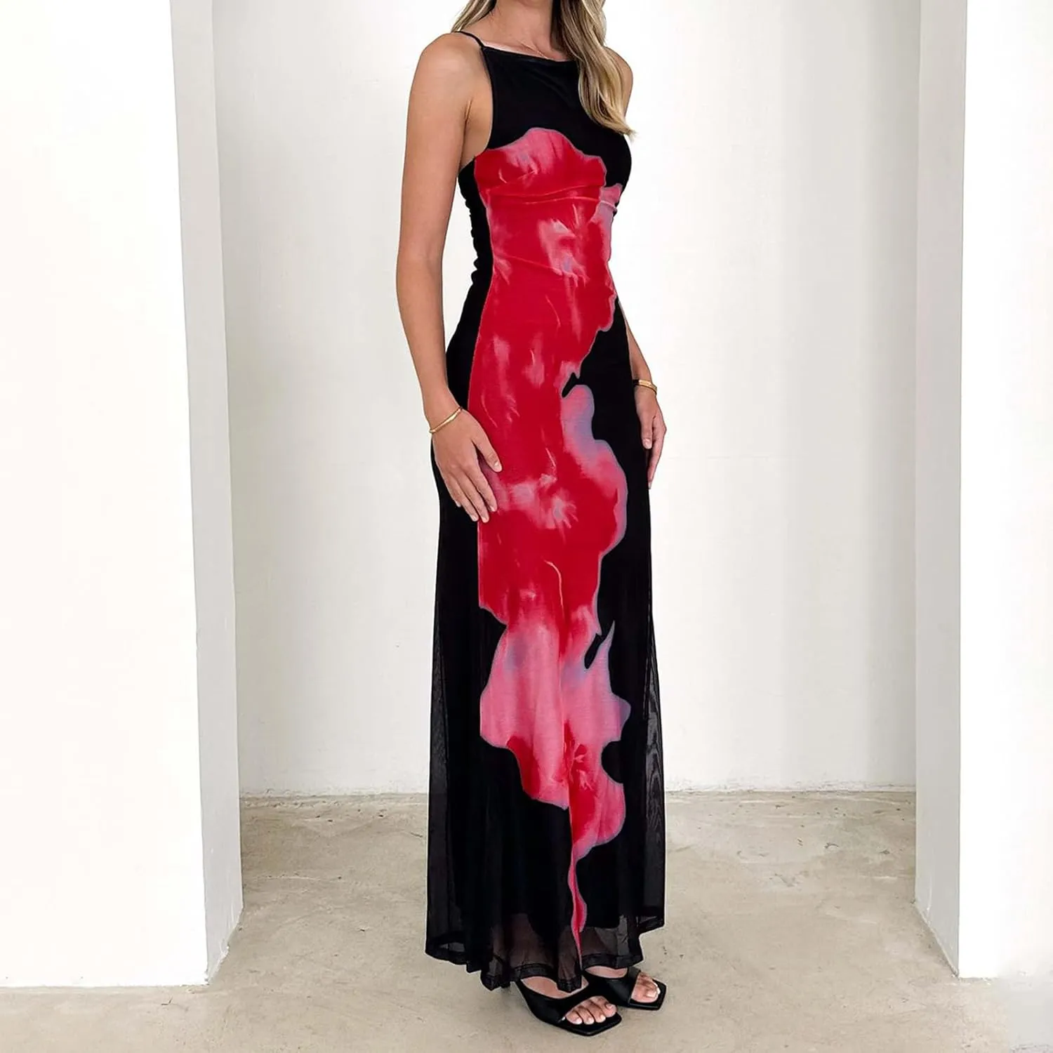 Women Boho Floral Backless Maxi Dress Y2K Spaghetti Strap Sleeveless Bodycon Long Dress Sexy Going Out Sundress