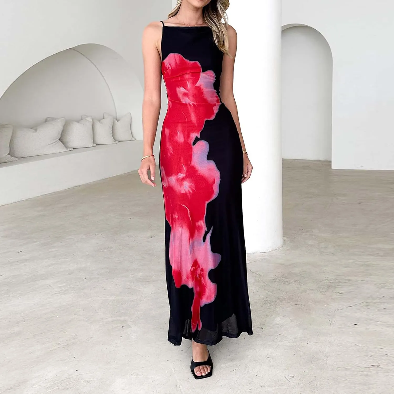 Women Boho Floral Backless Maxi Dress Y2K Spaghetti Strap Sleeveless Bodycon Long Dress Sexy Going Out Sundress