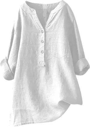 Women Button Up Shirts V-Neck Short Sleeve Cotton Linen Summer Casual Comfy Blouse Tops Loose Tunics Top