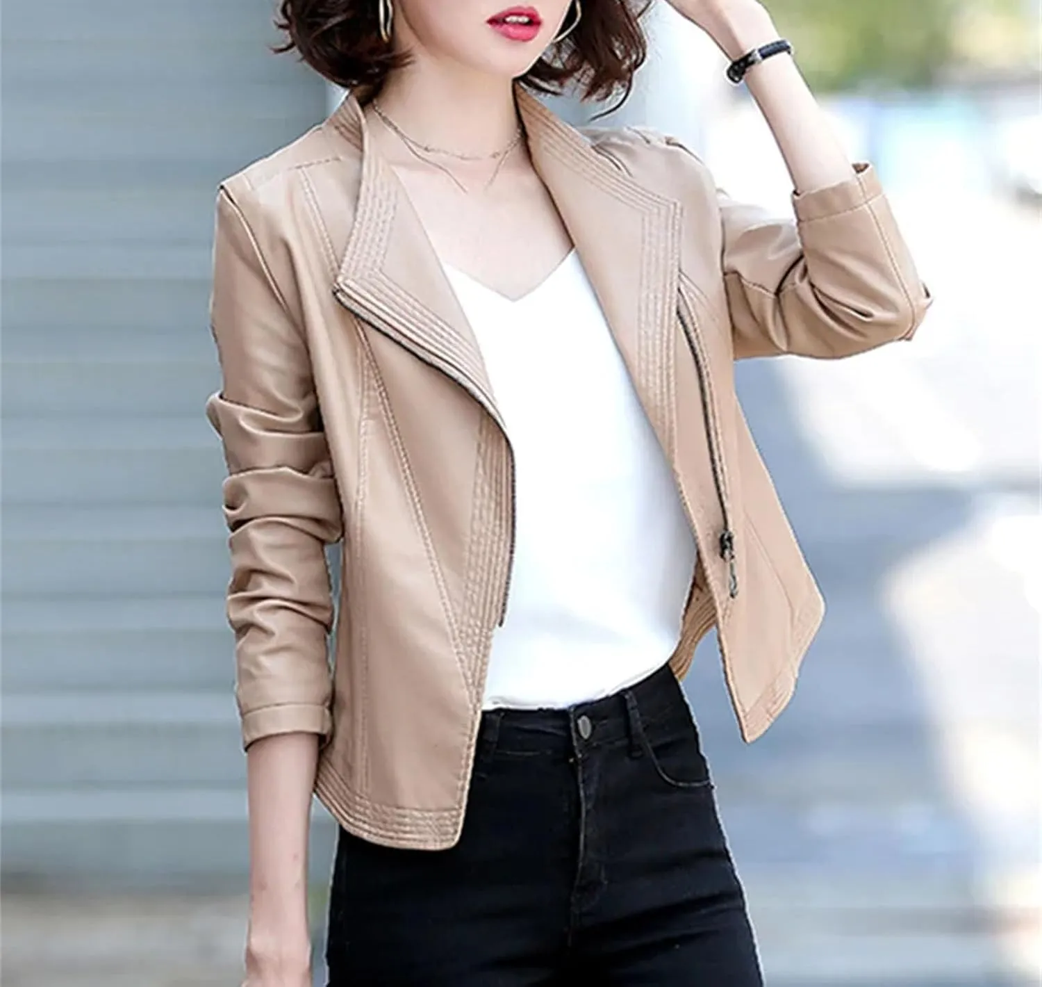 Women Casual Leather Jacket Outerwear Fashion Zipper Moto Biker Slim Coat Short Sheepskin Outerwear