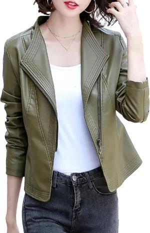 Women Casual Leather Jacket Outerwear Fashion Zipper Moto Biker Slim Coat Short Sheepskin Outerwear