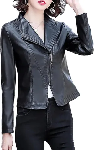 Women Casual Leather Jacket Outerwear Fashion Zipper Moto Biker Slim Coat Short Sheepskin Outerwear