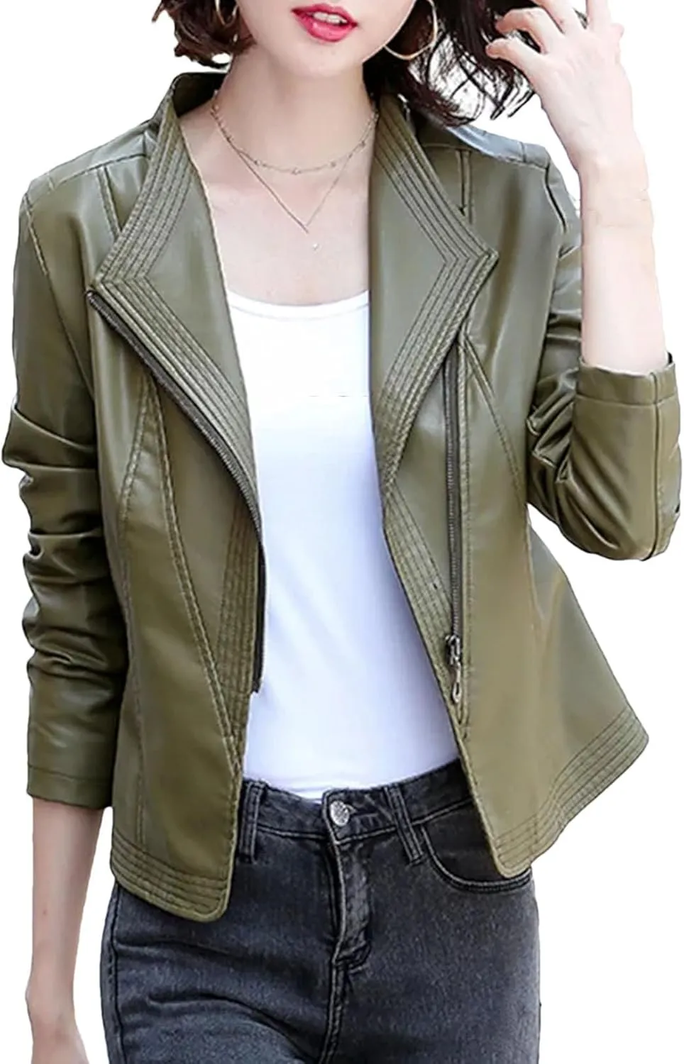 Women Casual Leather Jacket Outerwear Fashion Zipper Moto Biker Slim Coat Short Sheepskin Outerwear
