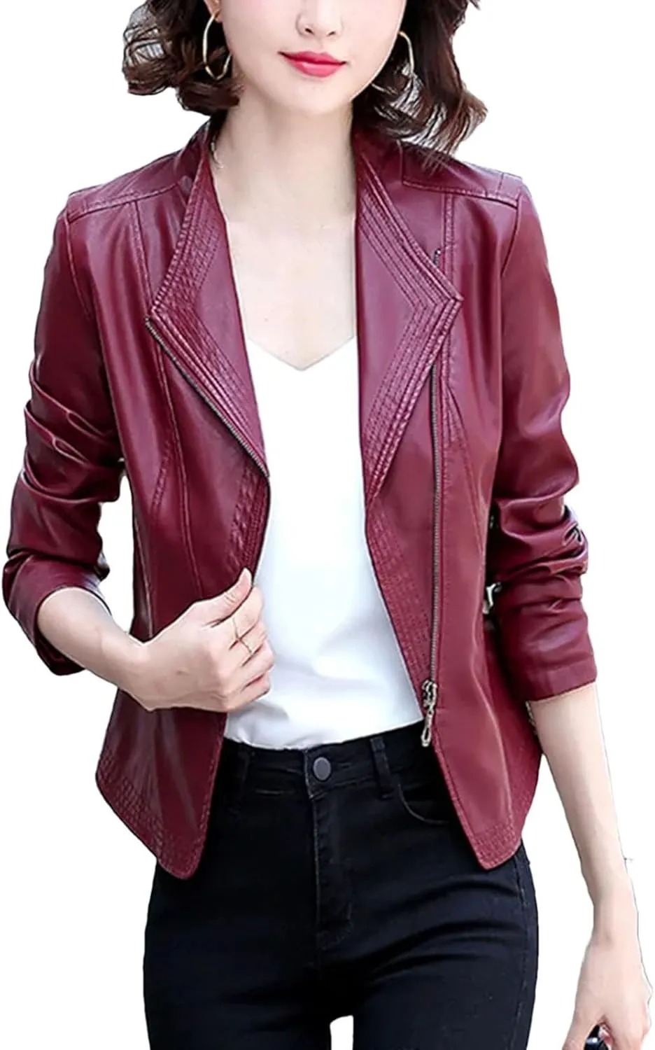 Women Casual Leather Jacket Outerwear Fashion Zipper Moto Biker Slim Coat Short Sheepskin Outerwear