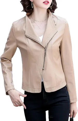 Women Casual Leather Jacket Outerwear Fashion Zipper Moto Biker Slim Coat Short Sheepskin Outerwear
