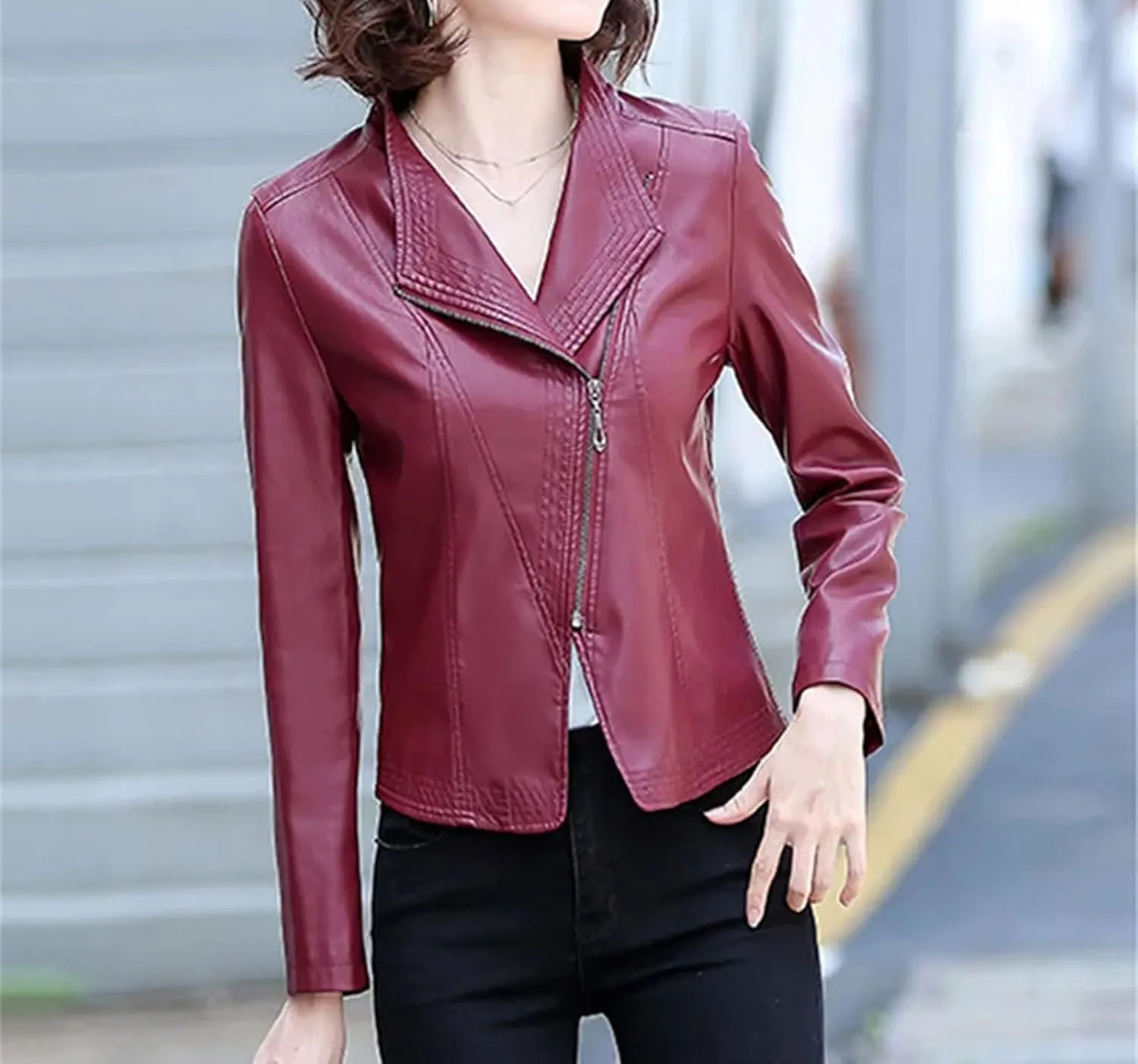 Women Casual Leather Jacket Outerwear Fashion Zipper Moto Biker Slim Coat Short Sheepskin Outerwear