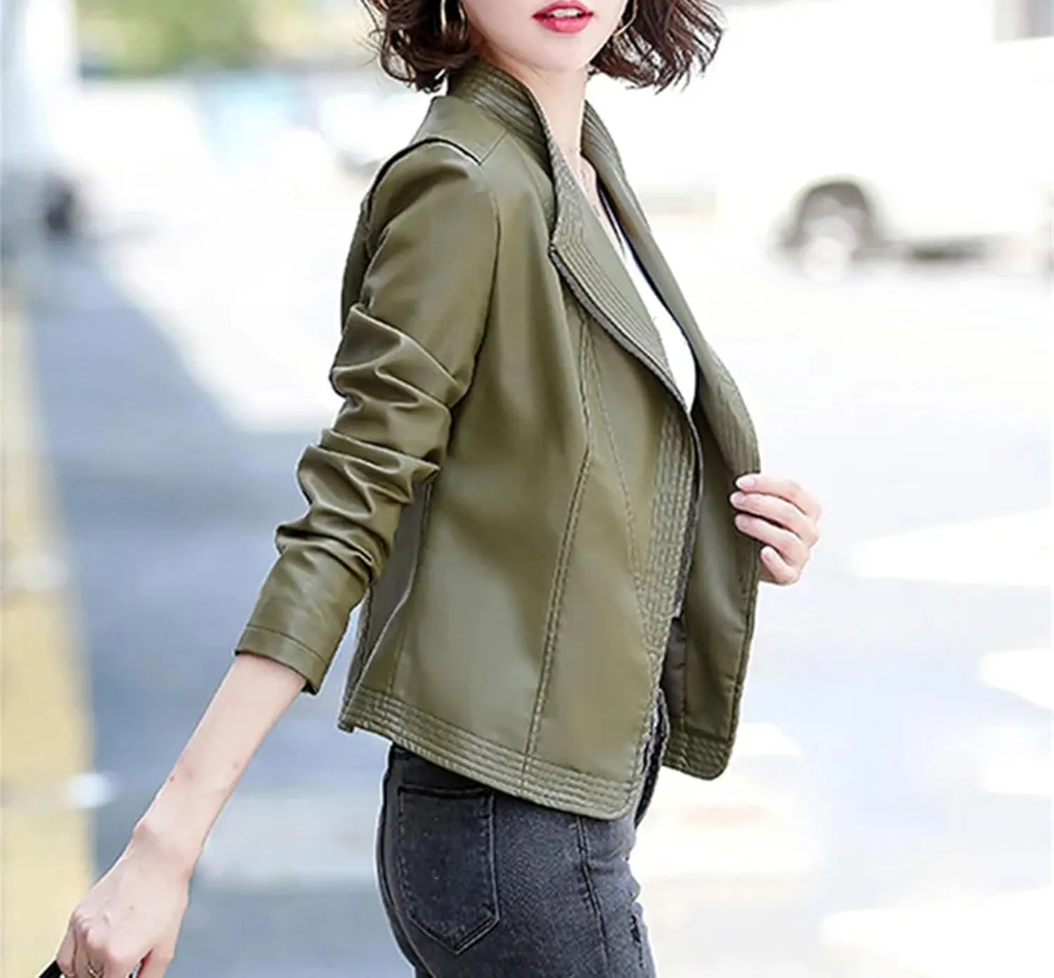 Women Casual Leather Jacket Outerwear Fashion Zipper Moto Biker Slim Coat Short Sheepskin Outerwear
