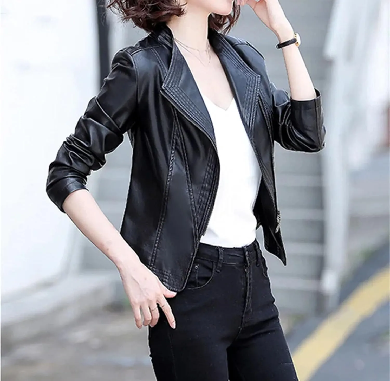 Women Casual Leather Jacket Outerwear Fashion Zipper Moto Biker Slim Coat Short Sheepskin Outerwear