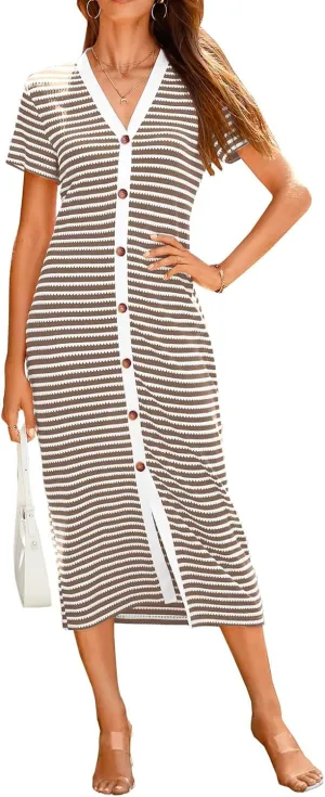 Women Casual Summer Dresses Button Striped Short Sleeve Midi Dresses V Neck Ribbed Knit Dresses Party Dress