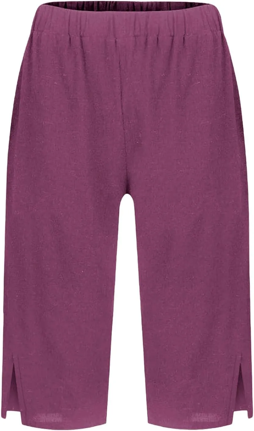 Women Causal Knee Linen Pants Elastic High Waist Straight Leg Bottom Split Capri Pant Lightweight Summer Lounge Slack