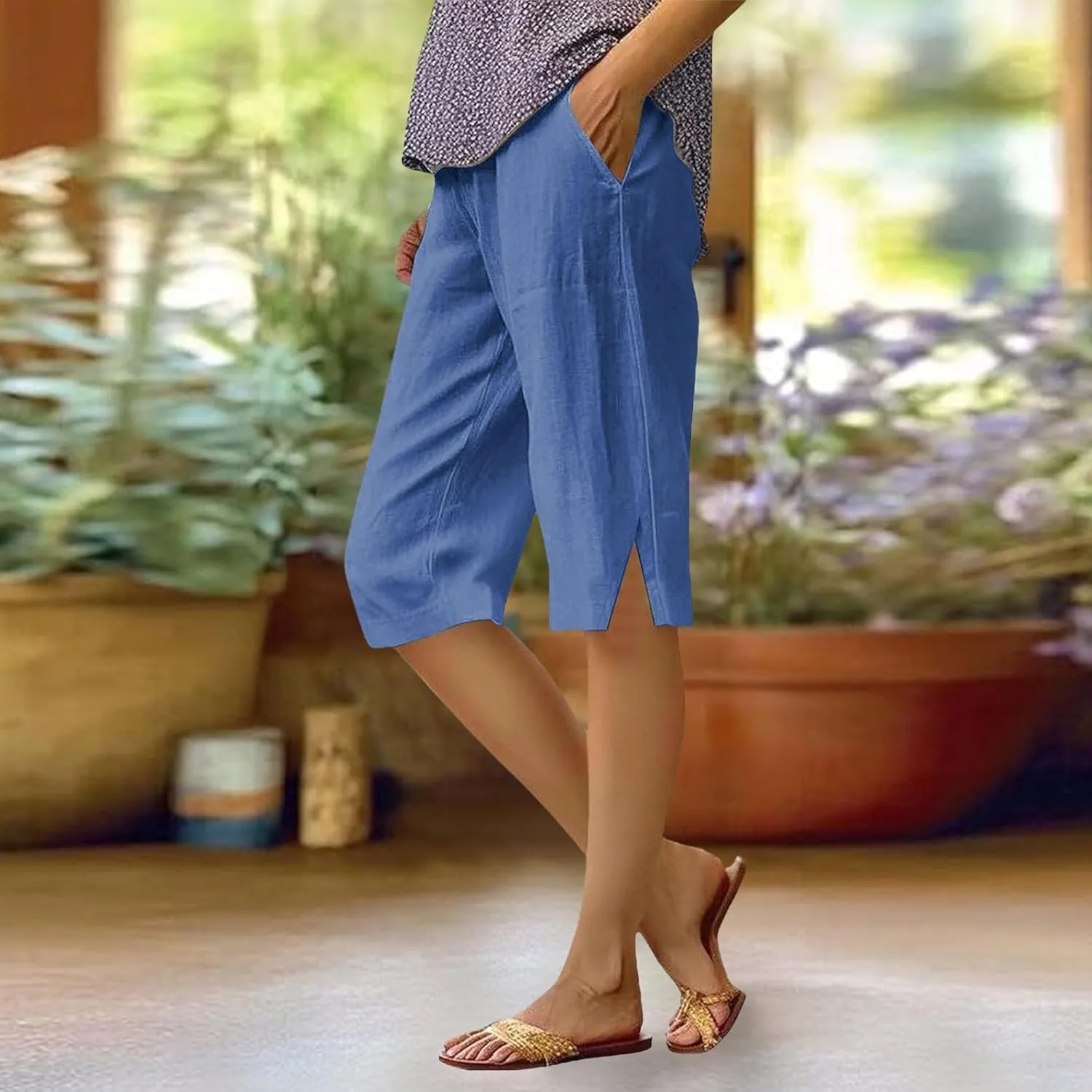 Women Causal Knee Linen Pants Elastic High Waist Straight Leg Bottom Split Capri Pant Lightweight Summer Lounge Slack