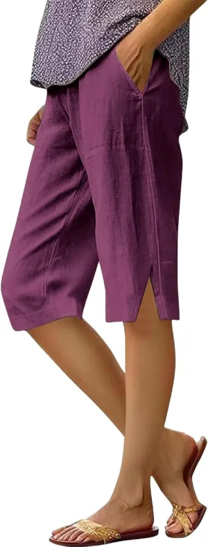 Women Causal Knee Linen Pants Elastic High Waist Straight Leg Bottom Split Capri Pant Lightweight Summer Lounge Slack