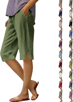 Women Causal Knee Linen Pants Elastic High Waist Straight Leg Bottom Split Capri Pant Lightweight Summer Lounge Slack