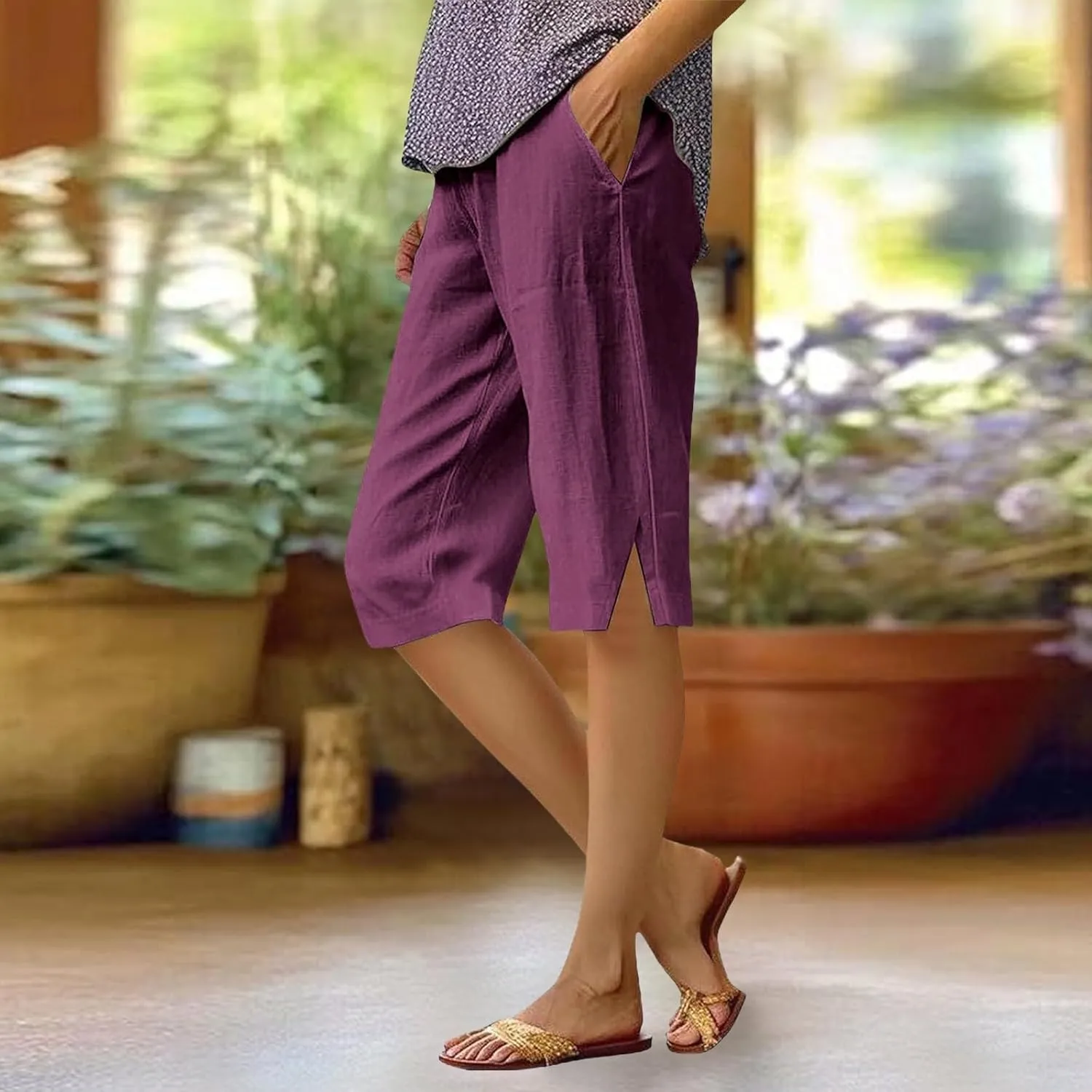 Women Causal Knee Linen Pants Elastic High Waist Straight Leg Bottom Split Capri Pant Lightweight Summer Lounge Slack