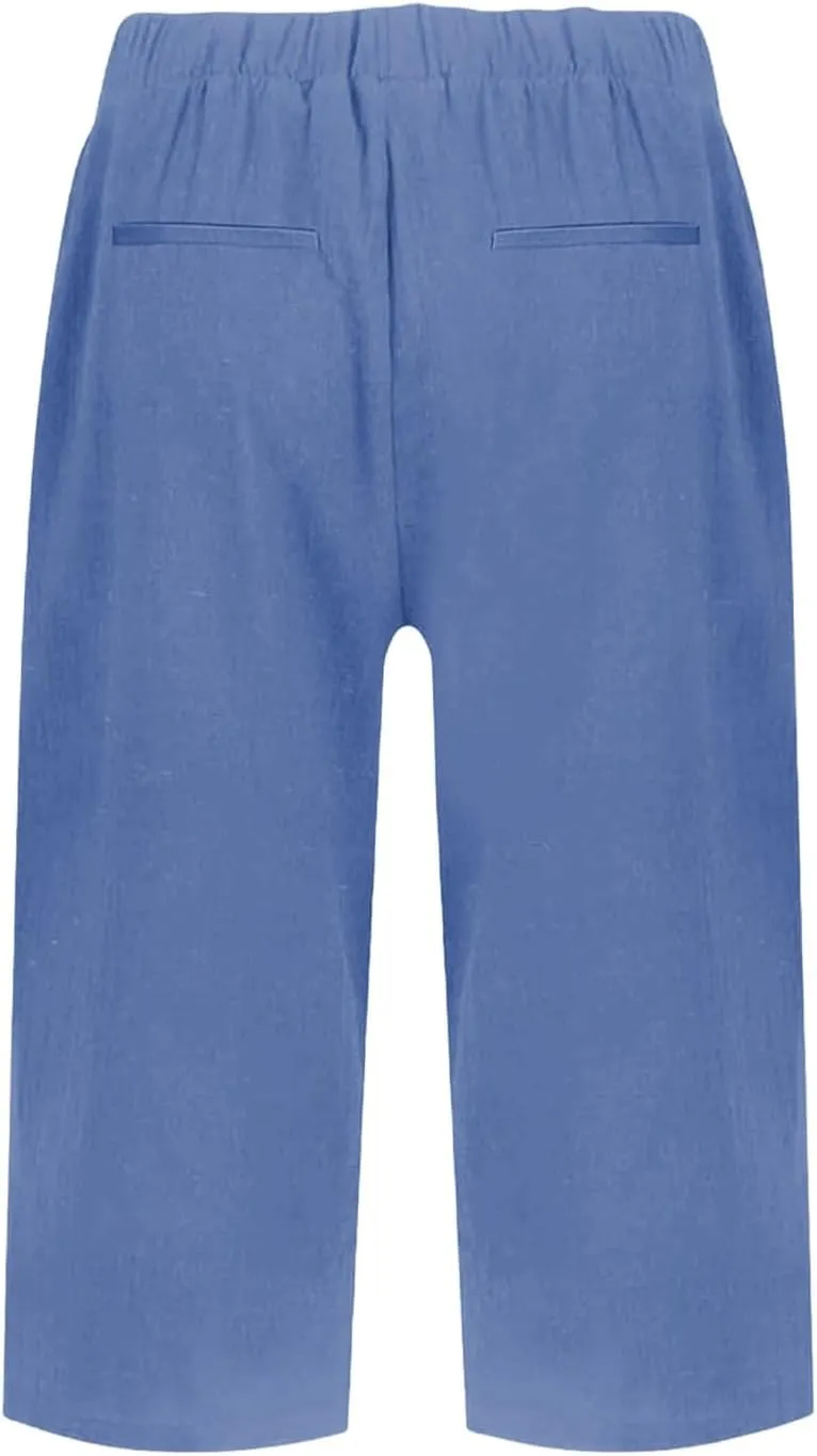 Women Causal Knee Linen Pants Elastic High Waist Straight Leg Bottom Split Capri Pant Lightweight Summer Lounge Slack