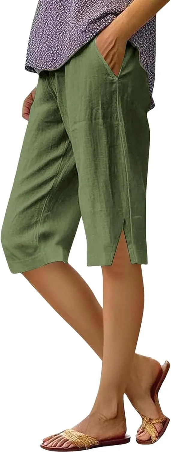 Women Causal Knee Linen Pants Elastic High Waist Straight Leg Bottom Split Capri Pant Lightweight Summer Lounge Slack
