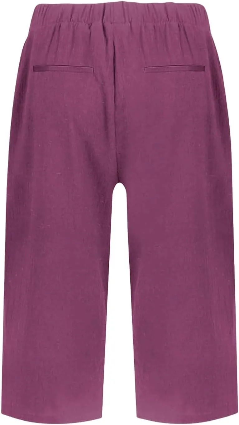 Women Causal Knee Linen Pants Elastic High Waist Straight Leg Bottom Split Capri Pant Lightweight Summer Lounge Slack
