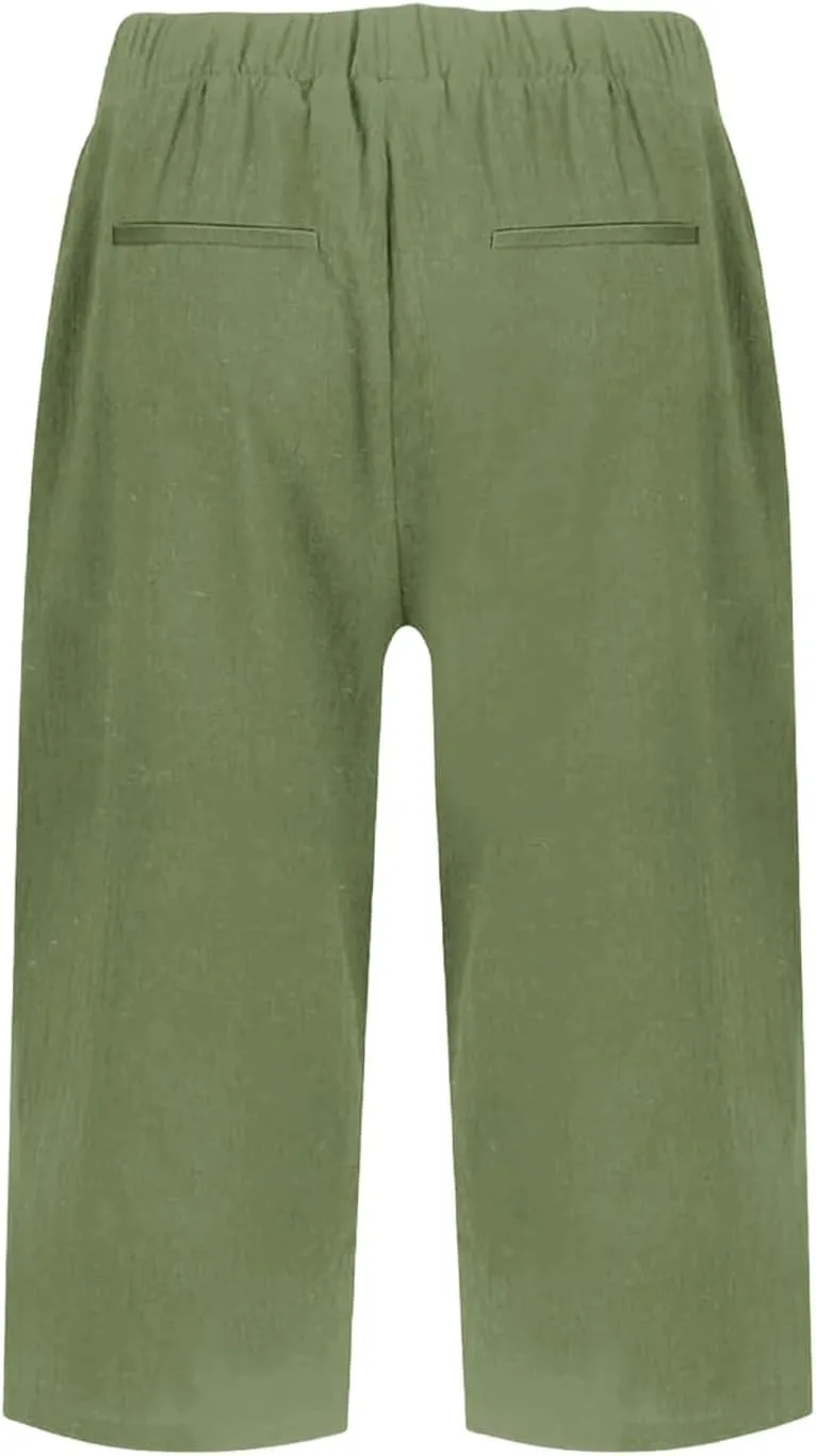 Women Causal Knee Linen Pants Elastic High Waist Straight Leg Bottom Split Capri Pant Lightweight Summer Lounge Slack